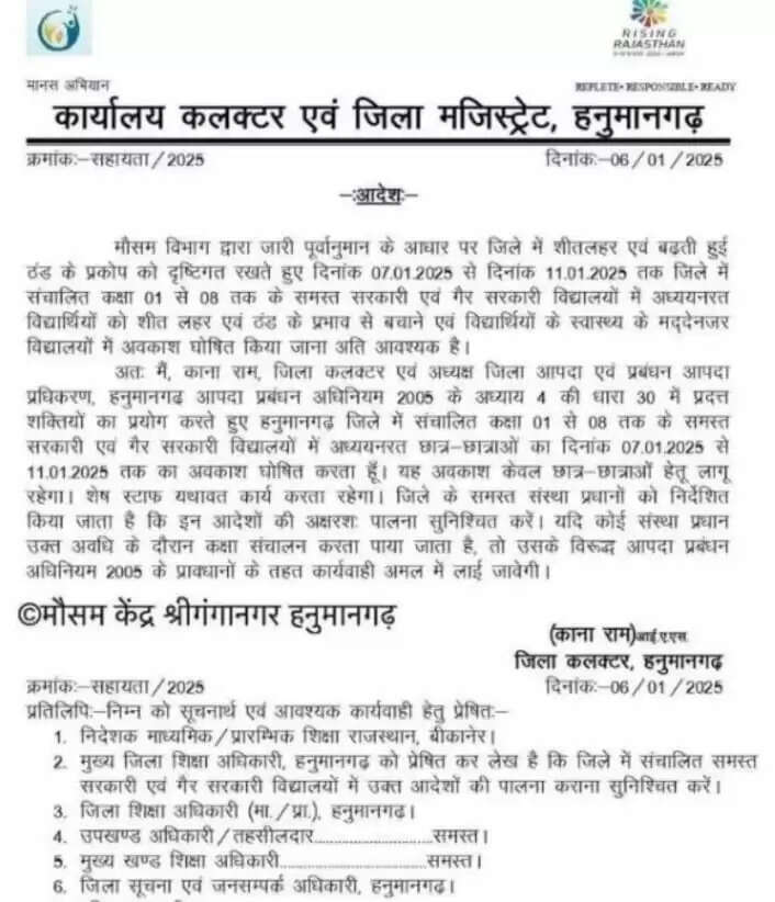 WINTER SCHOOL HOLIDAY LATTER IN RAJASTHAN