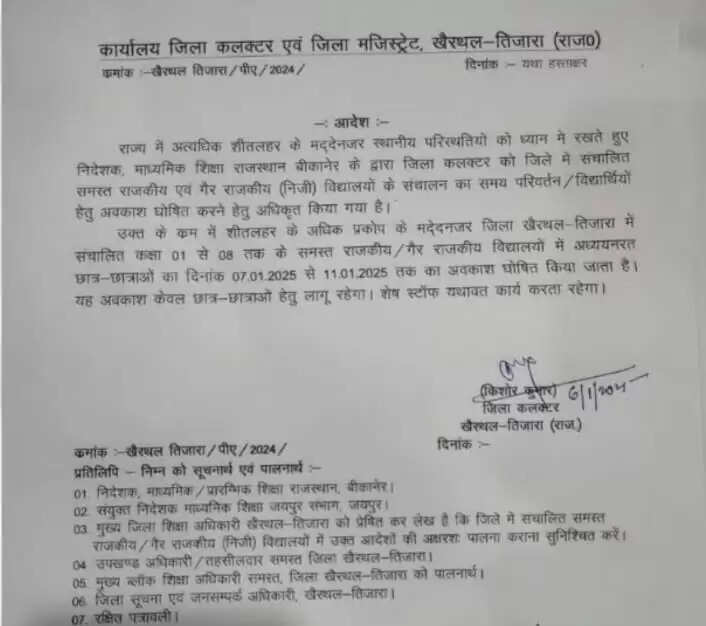 WINTER SCHOOL HOLIDAY LATTER IN RAJASTHAN