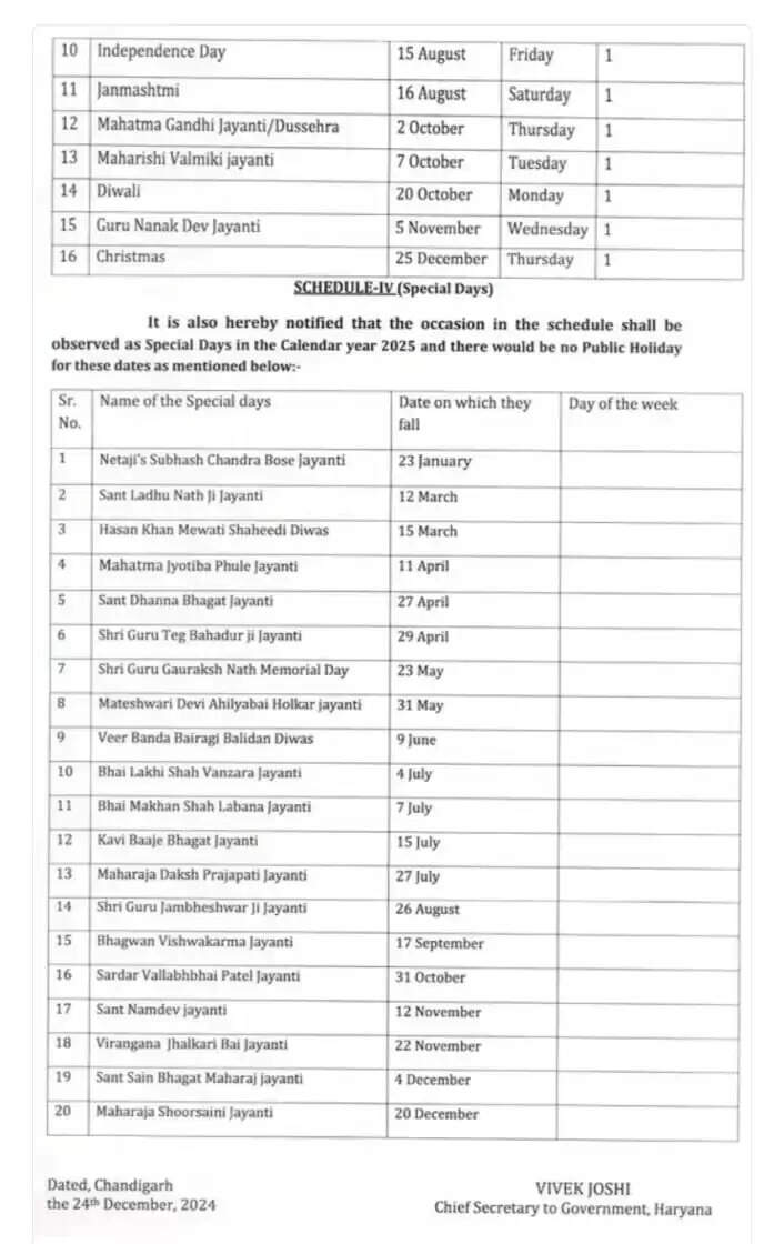 HARYANA GOVERNMENT HOLIDAY CALENDER 2025